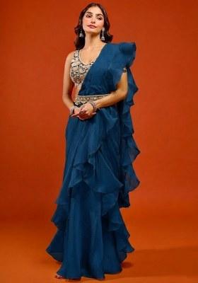 Teal Blue Organza Embroidered Handwork Pre Draped Saree Set