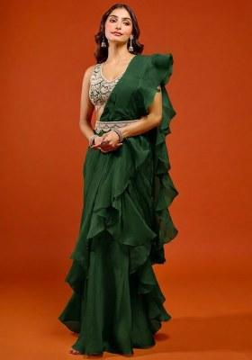 Green Organza Embroidered Handwork Pre Draped Saree Set