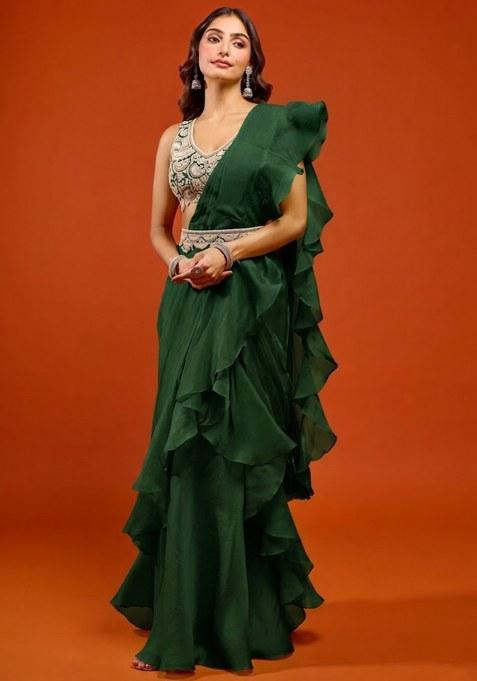 Green Organza Embroidered Handwork Pre Draped Saree Set