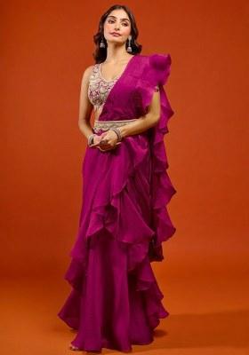 Pink Organza Embroidered Handwork Pre Draped Saree Set