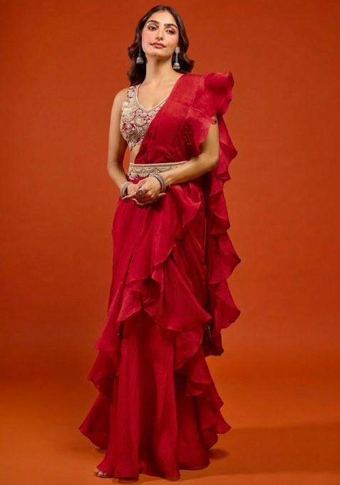 Red Organza Embroidered Handwork Pre Draped Saree Set