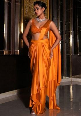 Yellow Satin Embellished Handwork Pre Draped Saree Set