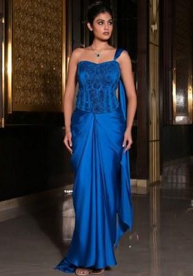 Royal Blue Satin Embellished Handwork Pre Draped Saree Set