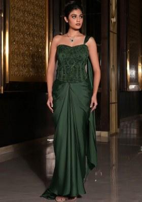 Green Satin Embellished Handwork Pre Draped Saree Set
