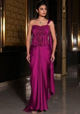 Pink Satin Embellished Handwork Pre Draped Saree Set