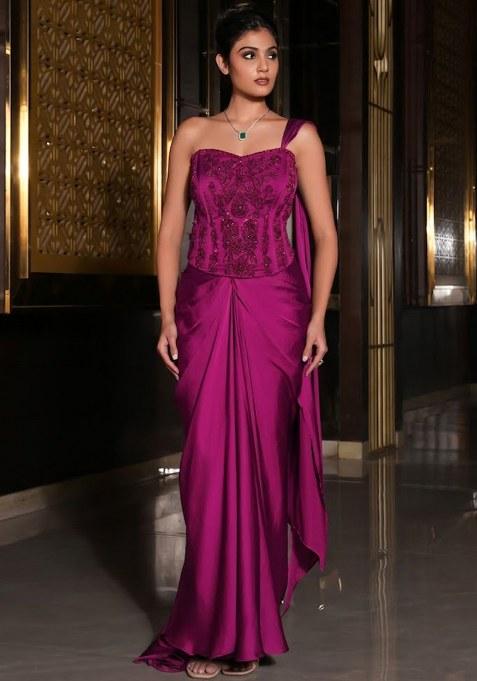 Pink Satin Embellished Handwork Pre Draped Saree Set