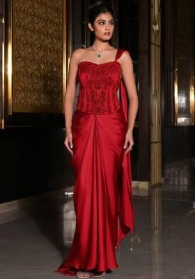 Red Satin Embellished Handwork Pre Draped Saree Set