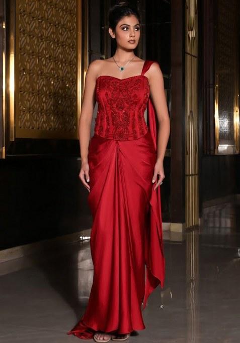Red Satin Embellished Handwork Pre Draped Saree Set