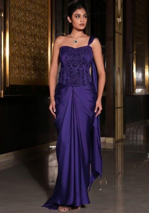 Violet Satin Embellished Handwork Pre Draped Saree Set