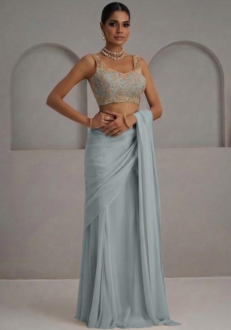 Pastel Green Georgette Embroidered Handwork Pre Draped Saree Set