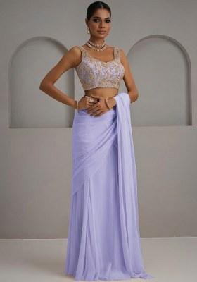 Lavender Georgette Embroidered Handwork Pre Draped Saree Set
