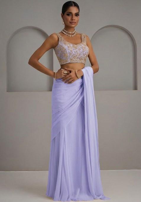 Lavender Georgette Embroidered Handwork Pre Draped Saree Set