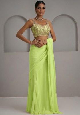 Lime Green Georgette Embroidered Handwork Pre Draped Saree Set