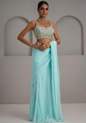 Mint Green Georgette Embroidered Handwork Pre Draped Saree Set