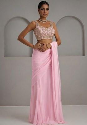 Pink Georgette Embroidered Handwork Pre Draped Saree Set
