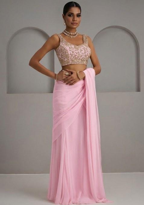 Pink Georgette Embroidered Handwork Pre Draped Saree Set