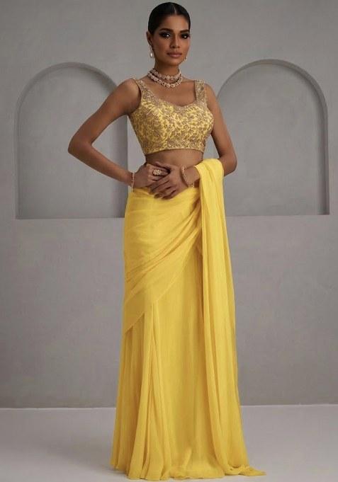 Yellow Georgette Embroidered Handwork Pre Draped Saree Set — view on Indya