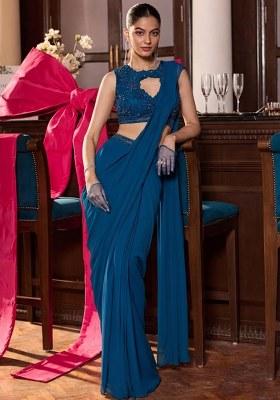 Blue Georgette Embroidered Handwork Pre Draped Saree Set
