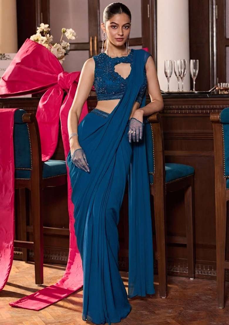 Blue Georgette Embroidered Handwork Pre Draped Saree Set - Indya