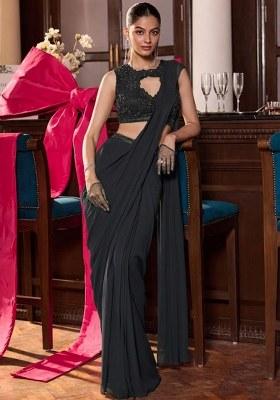Grey Georgette Embroidered Handwork Pre Draped Saree Set