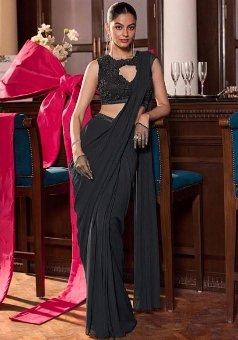 Grey Georgette Embroidered Handwork Pre Draped Saree Set