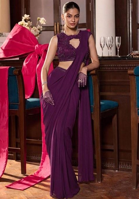 Mauve Georgette Embroidered Handwork Pre Draped Saree Set