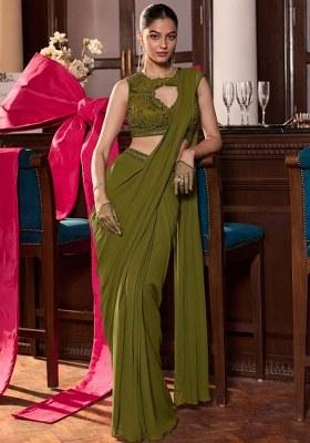 Olive Georgette Embroidered Handwork Pre Draped Saree Set