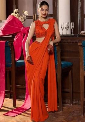 Orange Georgette Embroidered Handwork Pre Draped Saree Set