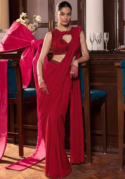 Red Georgette Embroidered Handwork Pre Draped Saree Set