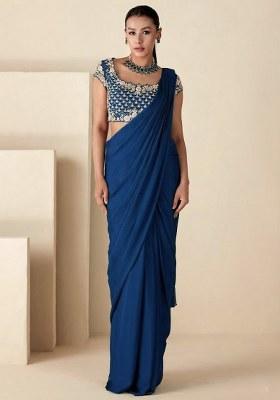 Navy Blue Crepe Embroidered Handwork Pre Draped Saree Set
