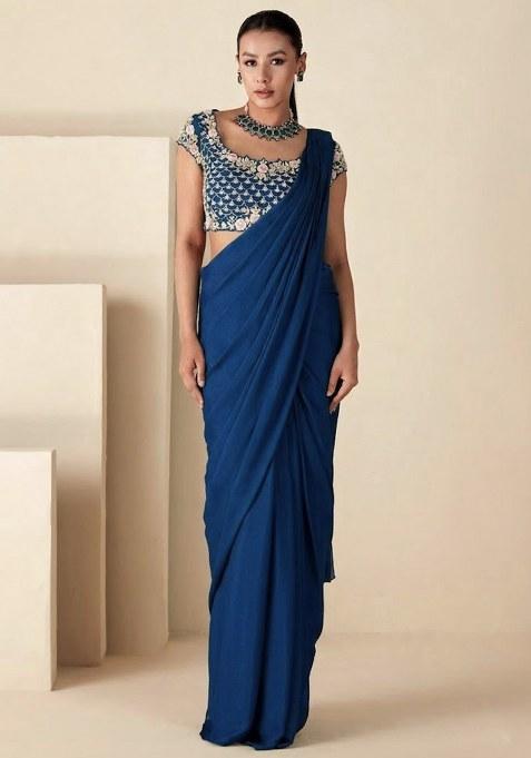 Navy Blue Crepe Embroidered Handwork Pre Draped Saree Set