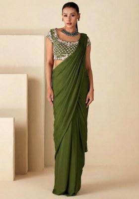 Olive Crepe Embroidered Handwork Pre Draped Saree Set