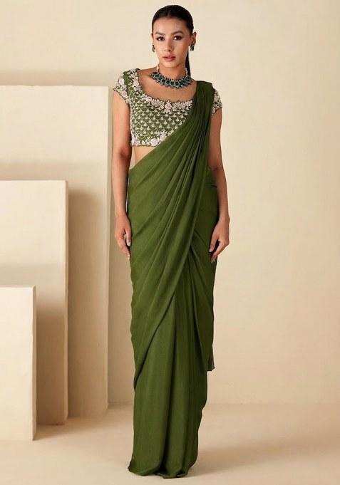 Olive Crepe Embroidered Handwork Pre Draped Saree Set