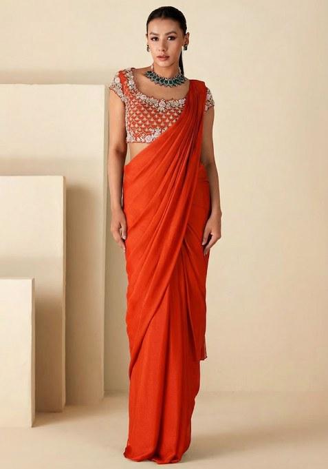 Orange Crepe Embroidered Handwork Pre Draped Saree Set