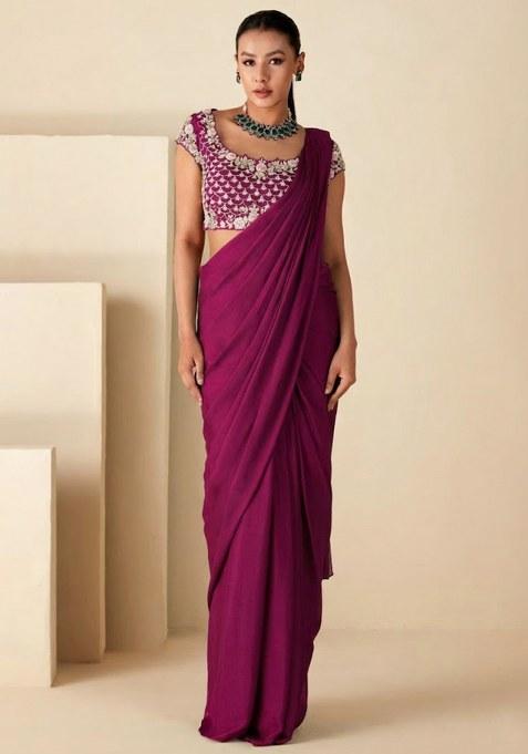 Pink Crepe Embroidered Handwork Pre Draped Saree Set