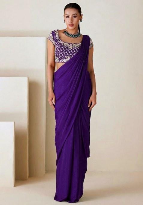 Purple Crepe Embroidered Handwork Pre Draped Saree Set