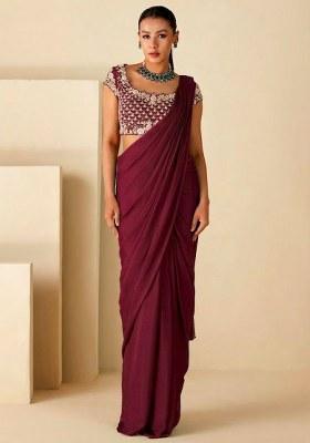 Rouge Red Crepe Embroidered Handwork Pre Draped Saree Set