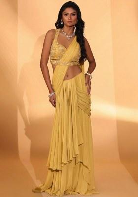 Yellow Georgette Embroidered Handwork Pre Draped Saree Set