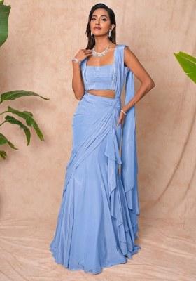 Lavender Blue Crepe Embellished Handwork Pre Draped Saree Set