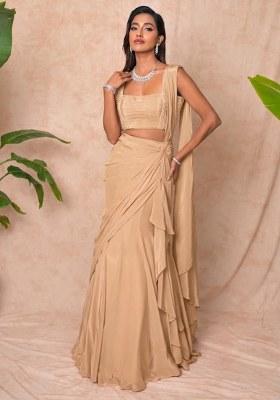 Cream Crepe Embellished Handwork Pre Draped Saree Set