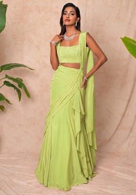 Green Crepe Embellished Handwork Pre Draped Saree Set