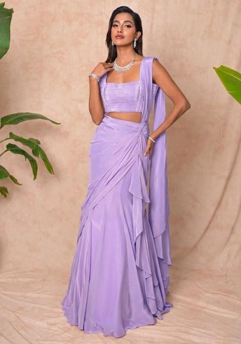 Lavender Crepe Embellished Handwork Pre Draped Saree Set