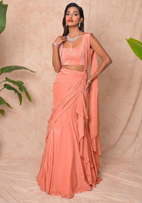 Peach Crepe Embellished Handwork Pre Draped Saree Set