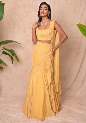 Yellow Crepe Embellished Handwork Pre Draped Saree Set