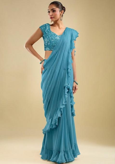 Teal Blue Georgette Embellished Handwork Pre Draped Saree Set