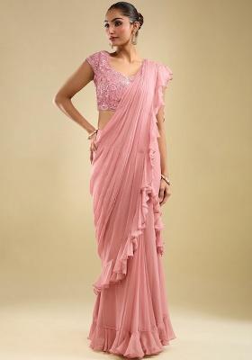 Pink Georgette Embellished Handwork Pre Draped Saree Set