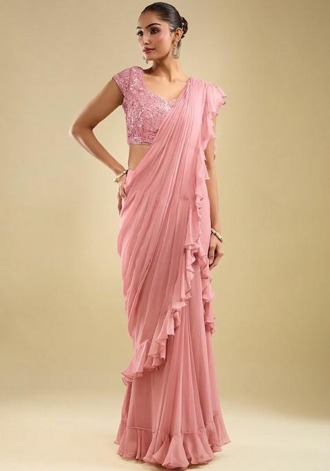 Pink Georgette Embellished Handwork Pre Draped Saree Set