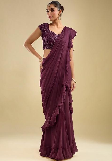 Deep Purple Georgette Embellished Handwork Pre Draped Saree Set