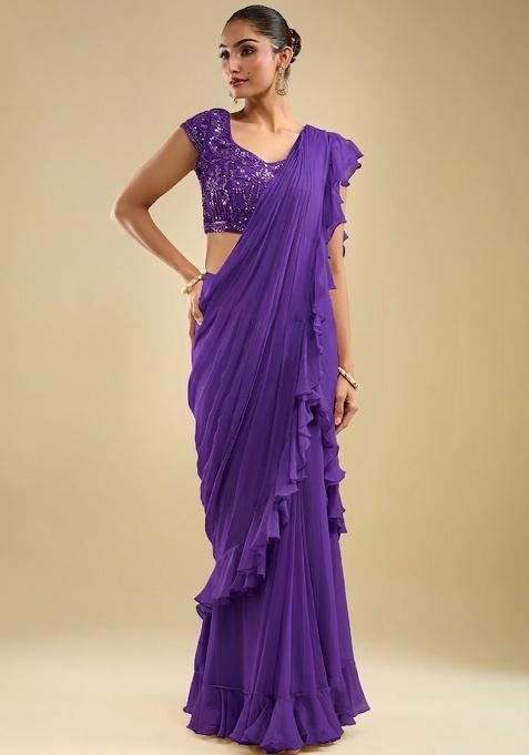 Purple Georgette Embellished Handwork Pre Draped Saree Set