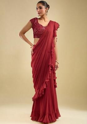 Wine Red Georgette Embellished Handwork Pre Draped Saree Set